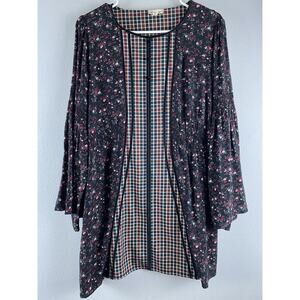 POL Sz M LS Shired Mix Media Bell Sleeve Shirred Velvet Trim Peasant Boho Tunic